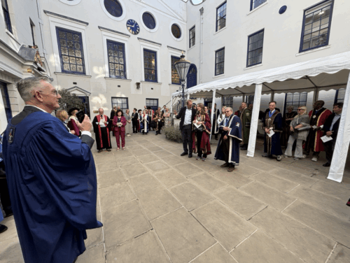 People gathered in the courtyard