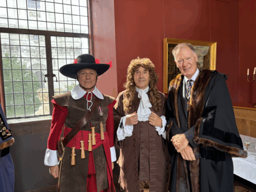 Master with two men dressed up for Samuel Pepys Day